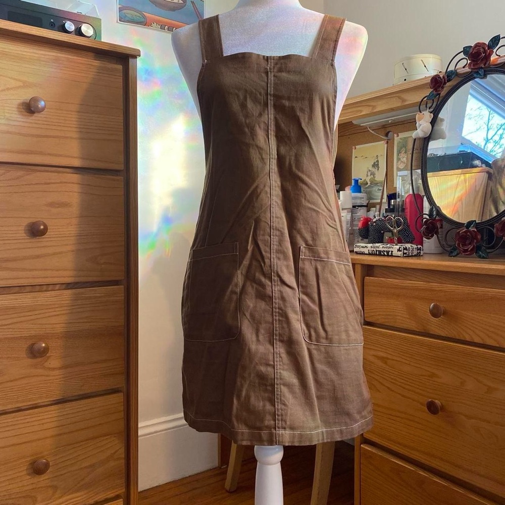 Light Brown Square Neck Mini Overall Dress with Pockets
